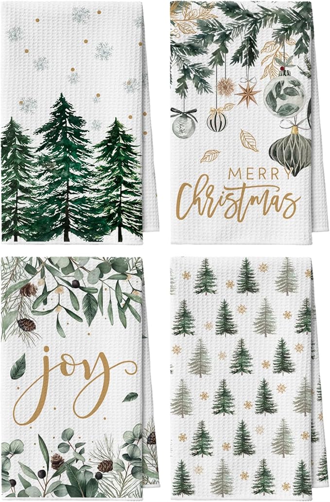 Artoid Mode Green Xmas Tree Leaves Pinecone Christmas Kitchen Towels, 18x26 Inch Quick Dry Microfiber Cloth Dish Towels for Kitchen Drying Set of 4