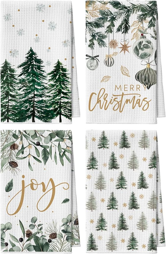 Artoid Mode Green Xmas Tree Leaves Pinecone Christmas Kitchen Towels, 18x26 Inch Quick Dry Microfiber Cloth Dish Towels for Kitchen Drying Set of 4