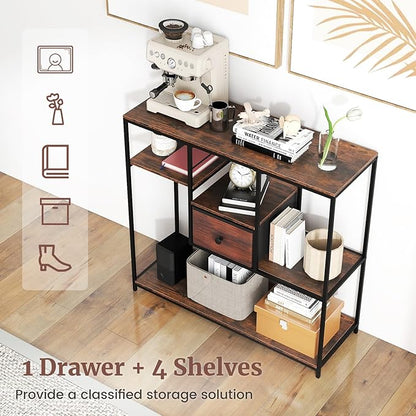 Giantex 40” Narrow Console Table, Modern Sofa Table with Open Storage Shelves and Removable Drawer, Skinny Behind Couch Tables, Long Entrway Tables for Living Room, Foyer, Hallway (Rustic Brown+Black)
