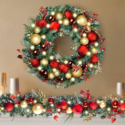 WANNA-CUL Pre-Lit 30 Inch Large Christmas Wreath for Front Door with 50 Led Lights,Luxury Red Gold Lighted Christmas Door Wreath Decor with Ball Ornaments, Battery Operated