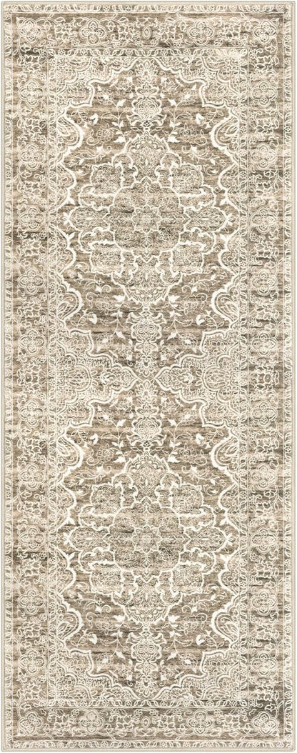 KUTA Vintage Washable Runner Rug, 2x5 Runners Non-Slip Beige Brown 5ft Hallway Kitchen Rugs Ultra Soft Printed Distressed Tribal Farmhouse Carpet for Bedroom Entryway Decor