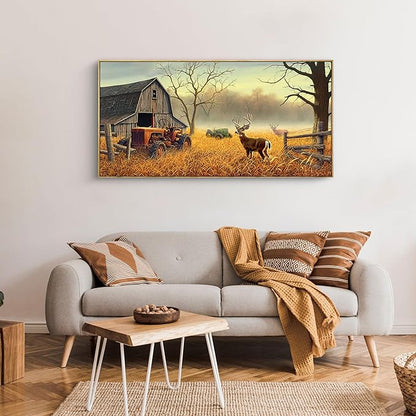 XLSJERST Deer Wall Art for Living Room Canvas Prints Decor Decoration Deer Tractor Farm Wildlife Hunting Picture Glass Surface Artwork Ready to Hang for Bedroom Home Office 20x40