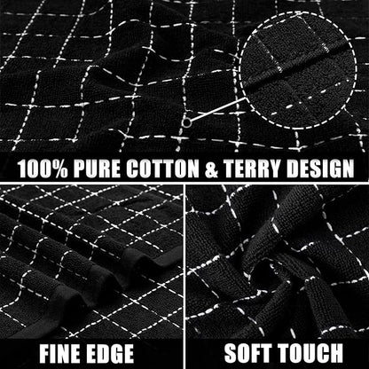 Mordimy 100% Cotton Terry Cloth Kitchen Towels, Super Soft and Absorbent Dish Towels for Drying, Checkered Designed Hand Towels for Kitchen, 16 x 26 Inches, 4 Pack, Black