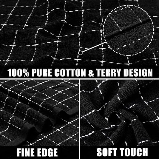 Mordimy 100% Cotton Terry Cloth Kitchen Towels, Super Soft and Absorbent Dish Towels for Drying, Checkered Designed Hand Towels for Kitchen, 16 x 26 Inches, 6 Pack, Black