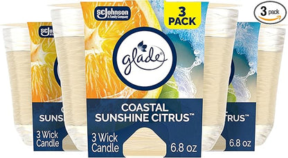 Glade 3-Wick Scented Candle Jar, Coastal Sunshine Citrus, Air Freshener Infused with Essential Oils, 6.8 Oz, 3 Count