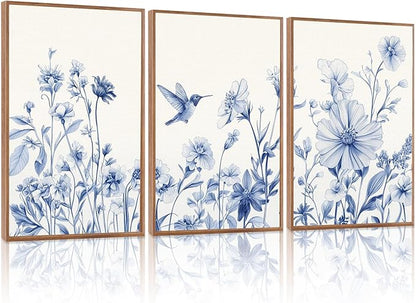 HLNIUC Bule Flower Bird Wall Art Set,Watercolor White&Blue Wildflower Poster,Farmhouse Vintage Blue Bird Blossoms Canvas Painting,Botanical Floral Canvas Art Print for Living Room Bedroom-16 x24 x3