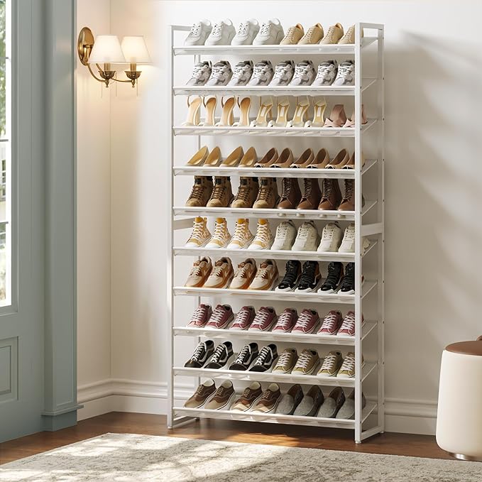 Shoe Rack,10 Tier Metal Shoe Organizer,Max Holds 50 Pairs,Heavy Duty Shoes Shelf for Garage, Entryway, Closet,White