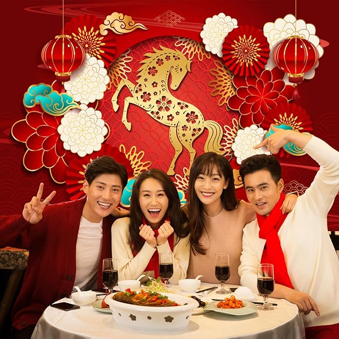 Renaiss 7x5ft Happy Chinese New Year Backdrop Year of The Horse Spring Festival Banner Gold Horse Lucky Clouds Flowers Background Chinese Birthday Lantern Festival Party Decors Photo Studio Props