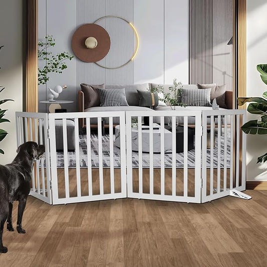 Dog Gate Indoor, Freestanding Dog Fence for The House, Doorways, Hallways,or Stairs,Pet Gate Foldable Wooden,Expandable 24" Height 4 Panels,Grey