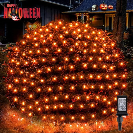 BlcTec Halloween Lights 200 LED 8.2ft x 4.9ft Orange Net Lights with 8 Modes, UL Certified, Timer, Connectable, Waterproof, Dark Green Wire for Trees, Bushes, Shrub, Lawn Halloween Decorations Outdoor
