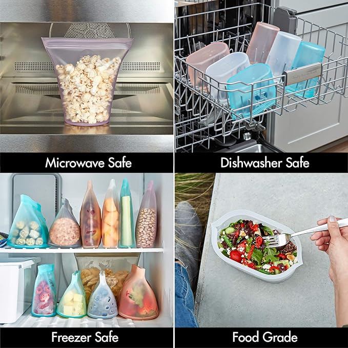 Zip Top Reusable Food Storage Bags | Snack Bag [Gray] | Silicone Meal Prep Container | Microwave, Dishwasher and Freezer Safe | Made in the USA