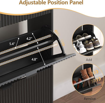 Shoe Cabinet Storage for Entryway with 3 Flip Drawers, Black Fluted Shoe Cabinet with Adjustable Shelves, Wooden Hidden Shoe Rack Freestanding Narrow Slim Shoes Storage for Hallway, Entrance