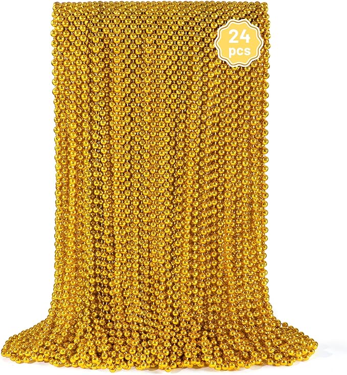 YAXINRUI 24 PCS Gold Mardi Gras Beads, Gold Bead Necklaces, Christmas Bead Necklaces, 33 Inch Round Beaded Necklaces for Mardi Gras Party Christmas New Year Eve Festive Events, Party Favors