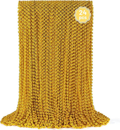 YAXINRUI 24 PCS Gold Mardi Gras Beads, Gold Bead Necklaces, Christmas Bead Necklaces, 33 Inch Round Beaded Necklaces for Mardi Gras Party Christmas New Year Eve Festive Events, Party Favors