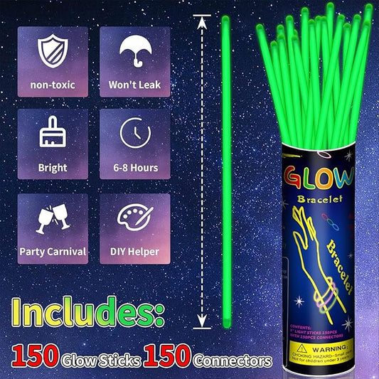 150 Pack 8” Green Glow Sticks Bulk with 150 Connectors Neon Glow In The Dark Party favors Supplies for Holiday Birthday Party Decoration (Green)