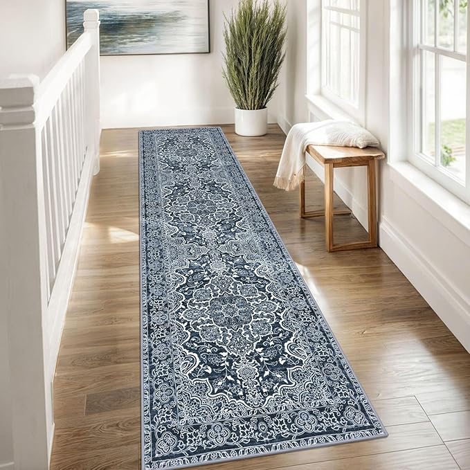 KUTA Vintage Floral Washable Runner Rug, 2x8 Navy Blue Runners for Hallways Non-Slip Kitchen Rugs Ultra Soft Printed Distressed Tribal Floor Carpet for Bedroom Living Room Nursery