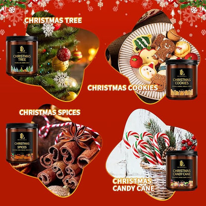Holiday Candle Set, Scented Candle for Home, 4 Pack Soy Candles for Home Scented, Valentine's Day Candle Gifts for Women Men, Scents of Christmas Tree/Cookies/Spices/Candy Cane