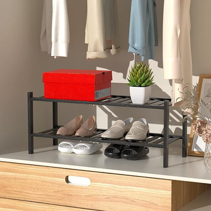 2 Tier Bamboo Shoe Rack for Closet Stackable Wooden Shoe Organizer Free Standing Wood Shoe Shelf for Entryway Small Space, 27" x 11" x 13", Black
