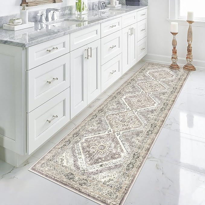 KUTA Oriental Washable Runner Rug, 2.6x8 Runners for Hallways Non-Slip Vintage Ivory Grey Yellow Brown Kitchen Runners Ultra Soft Printed Distressed Tribal 8ft Floor Carpet Rugs for Stairway Bedroom
