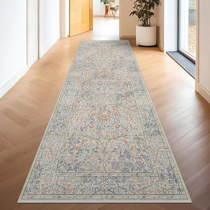 Floral 3x20 Wide Hallway Runner - Beige Blue with Purple Accent, Boho Pastel Decor, Washable Low Pile Non Slip Stain Resistant Rug for Long Kitchen, Hall Way