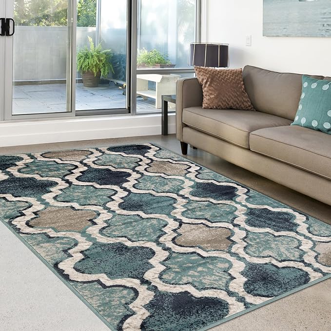 Superior Indoor Area Rug, Jute Backing, Modern Plush Rugs for Hallway, Living, Dining Room, Office, Kitchen, Geometric Trellis Floor Decor, Viking Collection, 8' 6" x 11' 6", Deep Royal