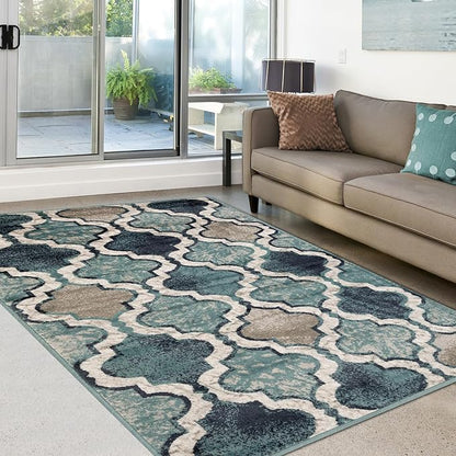 Superior Indoor Area Rug, Jute Backing, Modern Plush Rugs for Hallway, Living, Dining Room, Office, Kitchen, Geometric Trellis Floor Decor, Viking Collection, 8' 6" x 11' 6", Deep Royal
