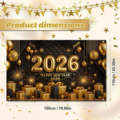 Happy New Year 2026 Backdrop Gold Black Balloons Fireworks Gift Boxes Sparkling Party Banner 71x43 Inches New Year Eve Decoration Indoor Outdoor Celebration Photography Background