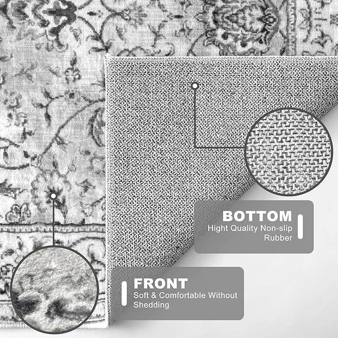 KILOCOCO Moroccan Kitchen Runner Rug 2x5 Runner Rug Washable Hallway Runners Printed Vintage Floral Non-Slip Rubber Backed Low Pile Distressed Boho Runners for Laundry Room Bedroom, Light Gray White