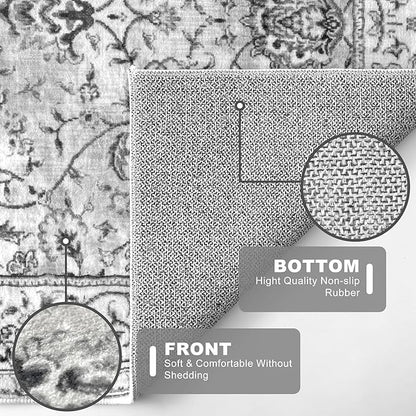 KILOCOCO Moroccan Kitchen Runner Rug 2x5 Runner Rug Washable Hallway Runners Printed Vintage Floral Non-Slip Rubber Backed Low Pile Distressed Boho Runners for Laundry Room Bedroom, Light Gray White