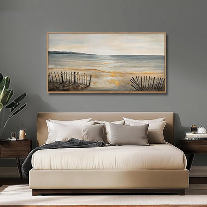 Yuaxker Ocean Wall Art Grey and Black Wall Decor Framed Canvas Painting Beach Aesthetic Artwork for Living Room Bedroom Dining Room Office Home Decor 24x48 Inch