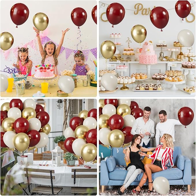 Red and Gold Balloons, 12 Inch Burgundy Gold Balloons, Maroon Balloons, Metallic Gold Dark Red White Latex Balloons Helium Support for Wedding Anniversary Engagement Birthday Party Decorations