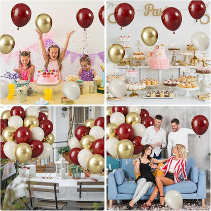 Red and Gold Balloons, 12 Inch Burgundy Gold Balloons, Maroon Balloons, Metallic Gold Dark Red White Latex Balloons Helium Support for Wedding Anniversary Engagement Birthday Party Decorations