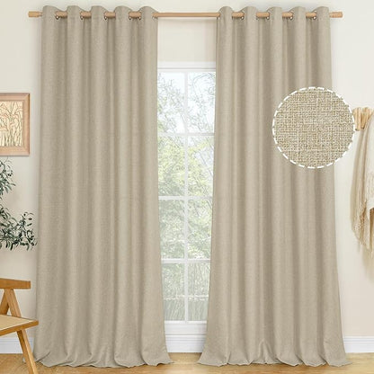 LAMIT Camel Linen Curtains 84 inches Long for Bedroom, Grommet Thermal Insulated Thick Burlap Farmhouse Curtains Noise Reducing Window Treatment Drapes for Living Room, 2 Panels, W60 x L84