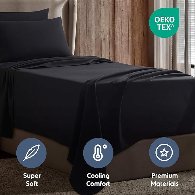 Nestl Twin XL Sheet Set - College Dorm Size - Luxury 1800 Ultra-Soft Microfiber Twin Extra Long Bed Sheets - Deep Pockets - Easy Fit - Extra Soft - 3 Piece Set (Twin XL, Black)