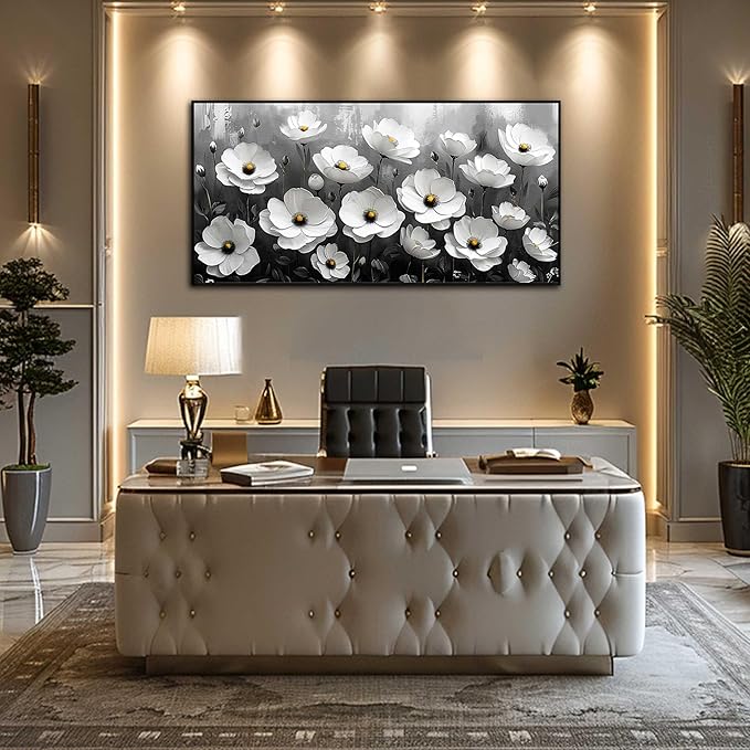 Large Black and White Flower Canvas Wall Art With Black Wood Frames Large Modern Canvas Prints Framed Wall Art for Living Room Bedroom Home Office Size 30x60