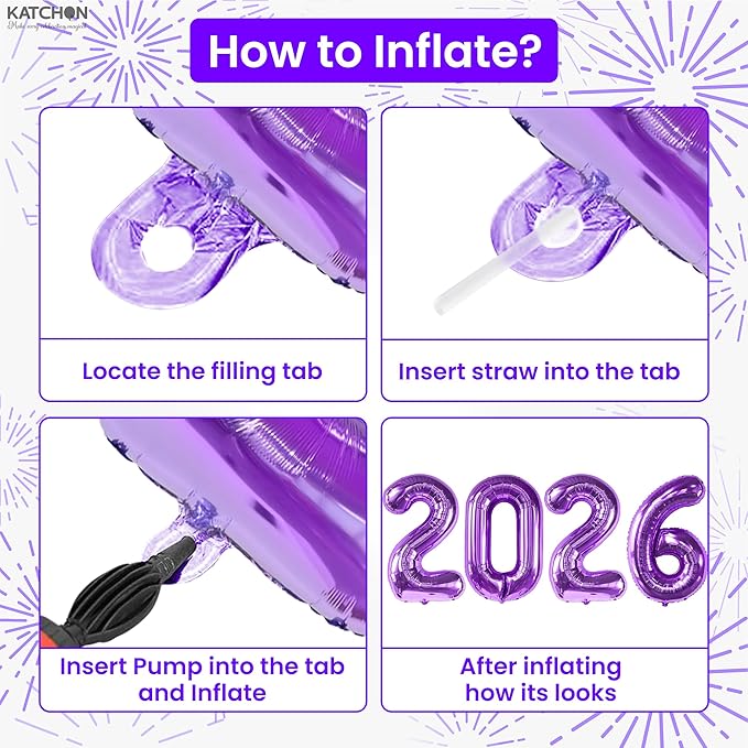 Katchon, Giant Purple 2026 Number Balloons - 42 Inch | Happy New Year Balloons | 2026 Balloon Numbers | Purple Balloon for New Years Decorations 2026 | New Years Eve Party Supplies 2026