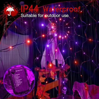 Ollny Spider Web Decoration 4FT 70 LED, Orange and Purple Halloween Lights with Black Spider Battery Powered 8 Modes Timer, Waterproof Cobweb String Light for Outdoor Indoor House Yard Party