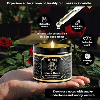 Black Rose Candle Strong Scented Soy Candel Natural Non Toxic Velas Aromáticas Gift for Women Pack of 1 5Oz Decorartive Travel Tin