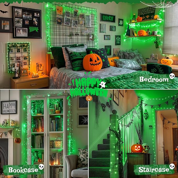 JMEXSUSS 2 Pack Green Fairy Lights Battery Operated, Total 200 LED 66ft Twinkle String Lights with Remote, 8 Modes Halloween Lights for Tree Wreath Fireplace Indoor Outdoor Xmas Halloween Decor