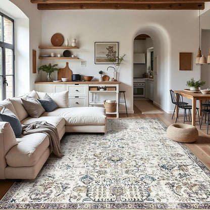 jinchan Area Rug 9x12 Washable Living Room Rug Vintage Indoor Large Floor Cover Retro Accent Mat Distressed Floral Country Boho Non Slip Thin Carpet for Bedroom Kitchen Dining Room Office Blue Multi
