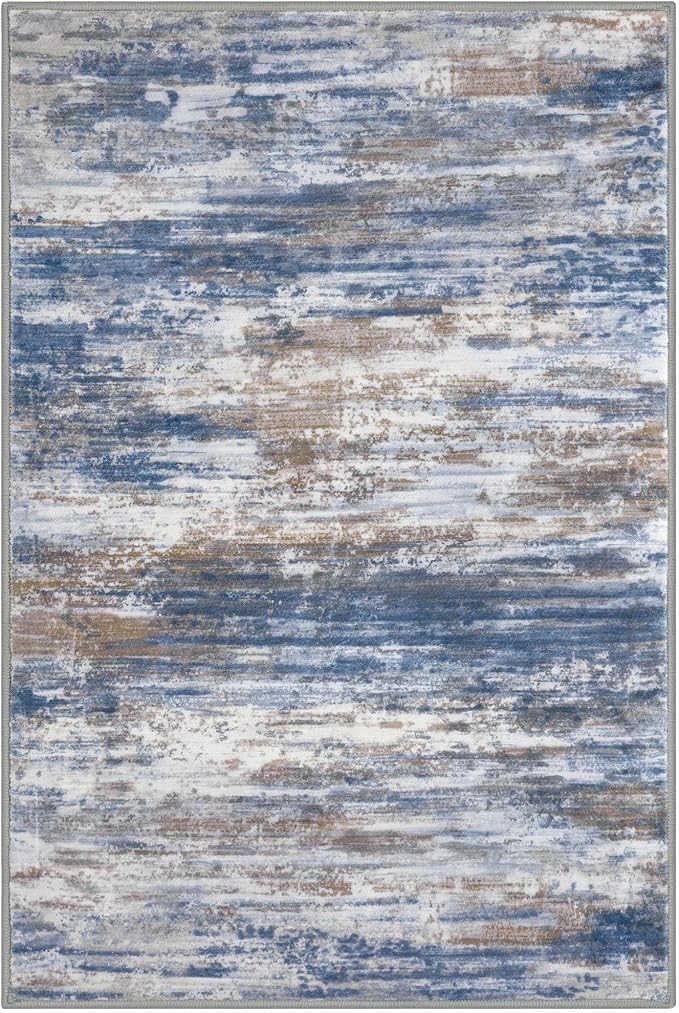KOZYFLY Modern Abstract 3x5 Area Rug Washable Bedroom Rug Blue Rust, Throw Entry Mat Non-Slip Stain Resistant Carpet Dining Room Rug with Soft Low Pile for Living Room Kitchen Bath Office