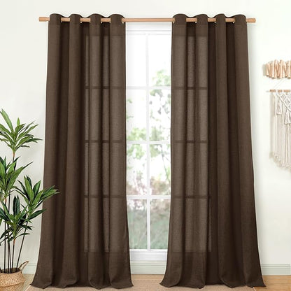 YoungsTex Dark Brown Linen Curtains 84 Inch Length 2 Panels for Living Room, Light Filtering Drapes Semi Sheer Chocolate Window Treatments with Bronze Grommet for Bedroom, 52 x 84 Inch