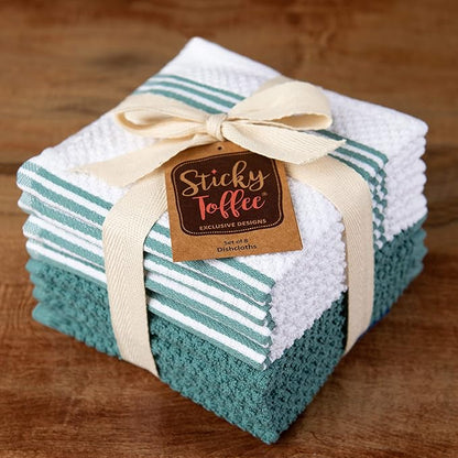 Sticky Toffee Cotton Dishcloths Set of 8 – Blue and White Dish Towels 12x12 in, Reusable and Absorbent Tea Towels for Cleaning or Drying, Oeko-Tex Cotton