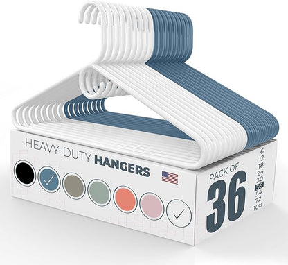 Neaties Heavy Duty Clothes Hangers 36 Pack – Made in The USA – 8lb Capacity Plastic Hangers for Adult Clothing – Durable for Pants, Coats, Jackets, or Jeans – White & Blue