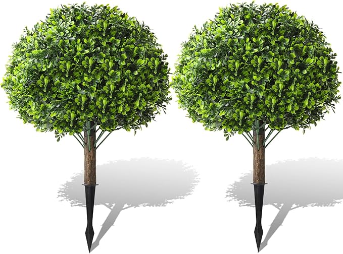 Faux Boxwood Balls for Outdoor Planters Topiary Set of 2 with Peanut Leaves,UV Resistant Artificial Shrub Bushes Trees with Spike for Porch,Indoor,Garden