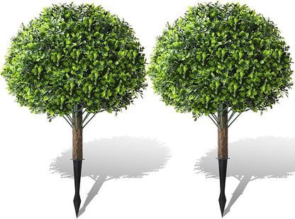 Faux Boxwood Balls for Outdoor Planters Topiary Set of 2 with Peanut Leaves,UV Resistant Artificial Shrub Bushes Trees with Spike for Porch,Indoor,Garden