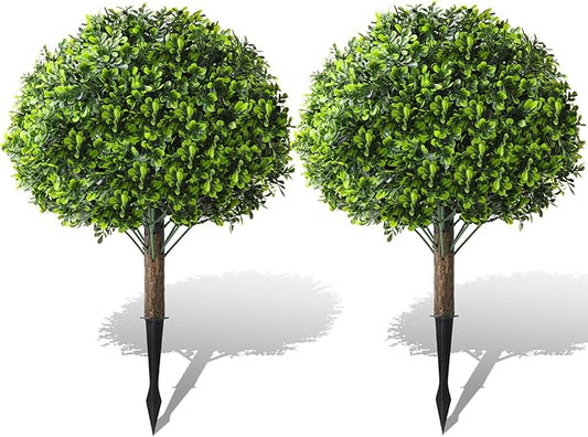 Faux Boxwood Balls for Outdoor Planters Topiary Set of 2 with Peanut Leaves,UV Resistant Artificial Shrub Bushes Trees with Spike for Porch,Indoor,Garden