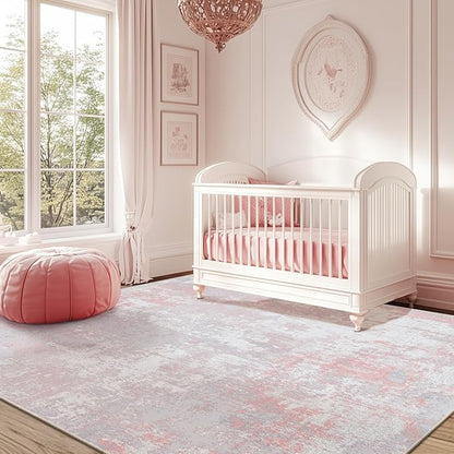 Washable Area Rugs Square 7ft Non-Slip Modern Abstract Soft for Living Room Entryway Bedroom Nursery, Print Pattern, Grey Pink