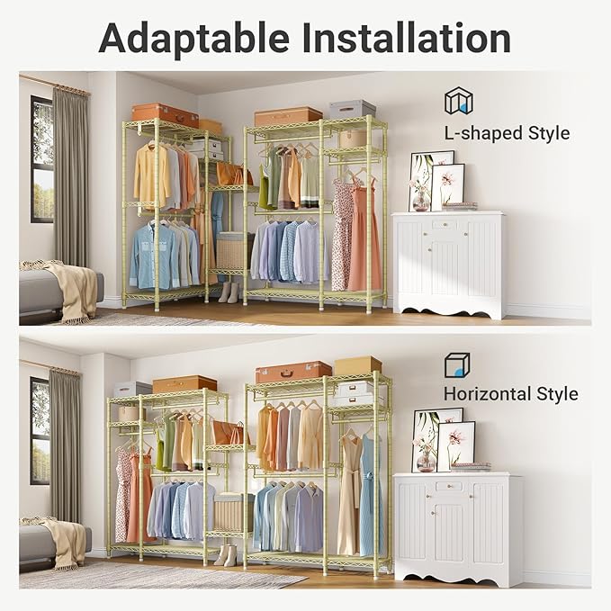 VIPEK V2S Heavy Duty Clothes Rack 4 Tiers Wire Shelving Garment Racks with 3 Hanging Rods Compact Freestanding Closet Metal Closet Rack, Max Load 700LBS, Gold