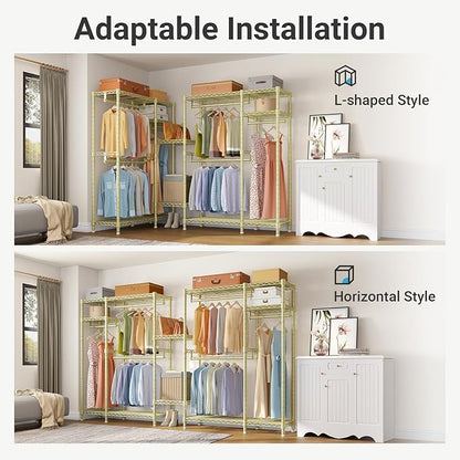 VIPEK V2S Heavy Duty Clothes Rack 4 Tiers Wire Shelving Garment Racks with 3 Hanging Rods Compact Freestanding Closet Metal Closet Rack, Max Load 700LBS, Gold
